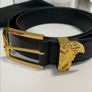 Versace Men’s Calfskin Belt w/ Gold Medusa 36”